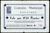 Escatrón (Zaragoza). Consejo Municipal. 25 céntimos. (KG. 330a falta valor) (RGH. 2315). Raro. MBC-.