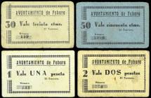 Fabara (Zaragoza). Ayuntamiento. 30, 50 céntimos, 1 y 2 pesetas. (T. 185 a 188) (KG. 342) (RGH. 2395 a 2397 y 2398, sin imagen). 4 cartones, serie com...