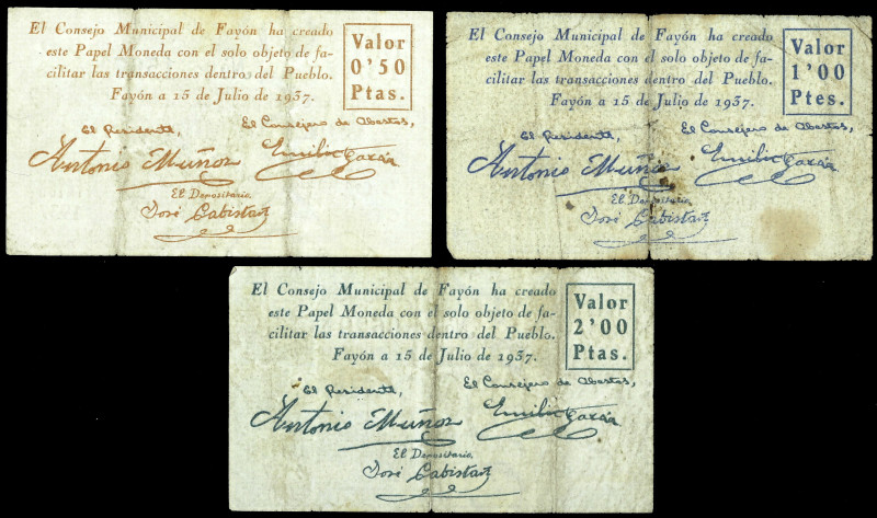 Fayón (Zaragoza). Consejo Municipal. 50 céntimos, 1 y 2 pesetas. (T. 193, 194a y...