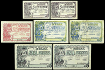 Gelsa (Zaragoza). Consejo Municipal. 5 (dos), 25, 50 céntimos (dos) y 1 peseta (dos). (KG. 385) (RGH. 2638 a 2641). 7 billetes, una serie completa con...