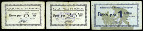 Herrera de los Navarros (Zaragoza). Colectividad. Bono por 5, 25 (céntimos) y 1 entero. (KG. 407b y falta) (RGH. 2825, 2827 y 2828). Muy raros. BC/MBC...