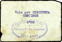 Herrera de los Navarros (Zaragoza). Consejo Municipal. 50 céntimos. (KG. 407a) (RGH. falta). Escrito a máquina. Rarísimo. MBC-.
