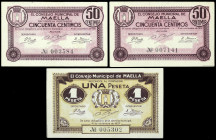 Maella (Zaragoza). Consejo Municipal. 50 céntimos (dos) y 1 peseta. (T. 265 y 267) (KG. 468) (RGH. 3312 y 3313). 3 billetes, serie completa con uno de...