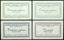 Moneva (Zaragoza). Consejo Municipal. 25, 50 céntimos (dos) y 1 peseta. (KG. falta) (RGH. 3603 a 3605). 4 billetes, serie completa. Uno de 50 céntimos...