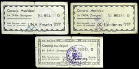 La Zaida (Zaragoza). Consejo Municipal. 25, 50 céntimos y 1 peseta. (KG. 837) (RGH. 5839 a 5841). 3 billetes, serie completa. Numeraciones muy bajas: ...