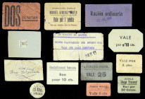 Conjunto de 13 billetes y cartones, casi todos de la Guerra Civil difíciles de clasificar por falta de datos. Muy interesante. A examinar. BC/MBC+.