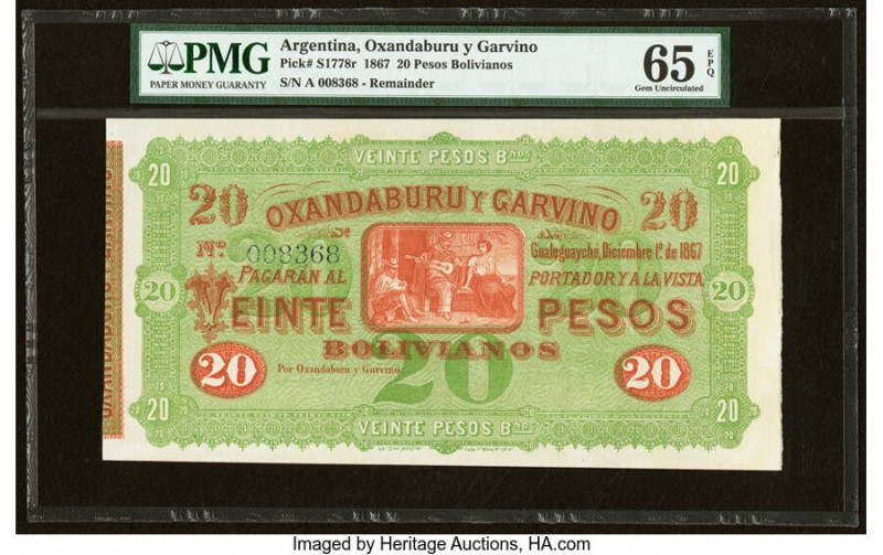 Argentina Banco Oxandaburu y Garbino 20 Pesos Bolivianos 1.12.1867 Pick S1778r R...