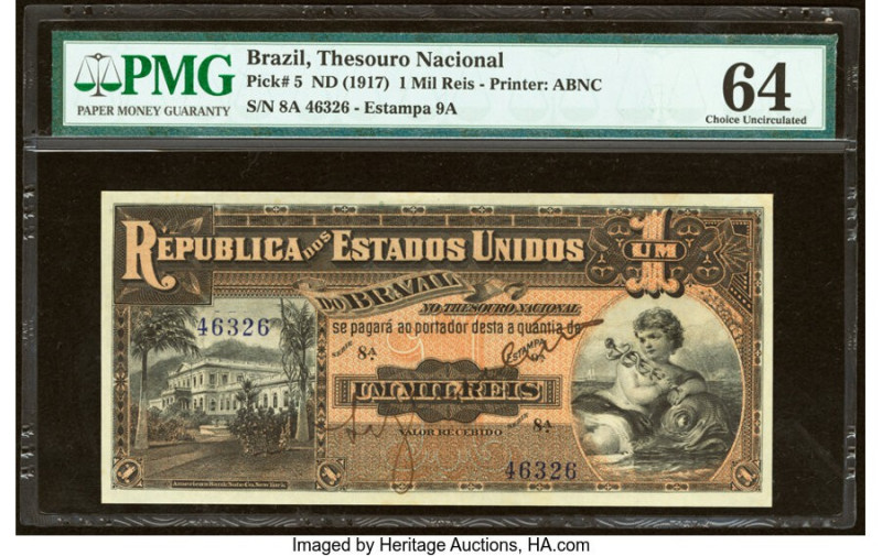 Brazil Thesouro Nacional 1 Mil Reis ND (1917) Pick 5 PMG Choice Uncirculated 64....
