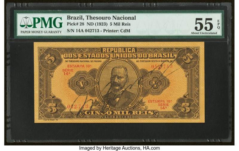 Brazil Thesouro Nacional 5 Mil Reis ND (1923) Pick 28 PMG About Uncirculated 55 ...