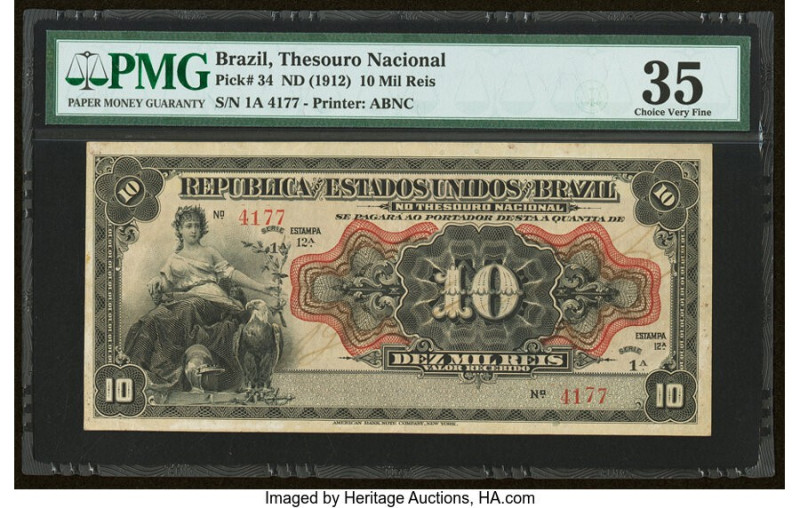 Brazil Thesouro Nacional 10 Mil Reis ND (1912) Pick 34 PMG Choice Very Fine 35. ...