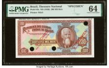 Brazil Thesouro Nacional 200 Mil Reis ND (1936) Pick 82s Specimen PMG Choice Uncirculated 64. Previous mounting and three POCs are noted. 

HID0980124...