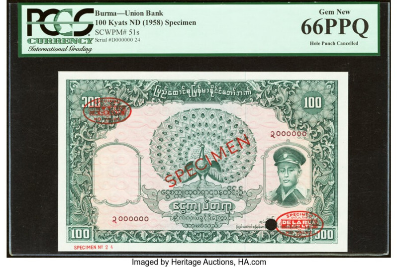 Burma Union Bank 100 Kyats ND (1958) Pick 51s Specimen PCGS Gem New 66PPQ. One P...