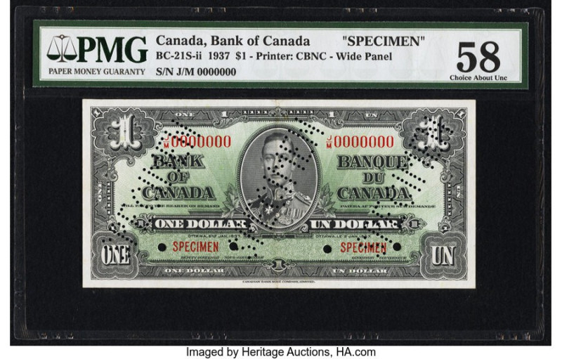 Canada Bank of Canada $1 2.1.1937 BC-21S-ii Specimen PMG Choice About Unc 58. Pe...