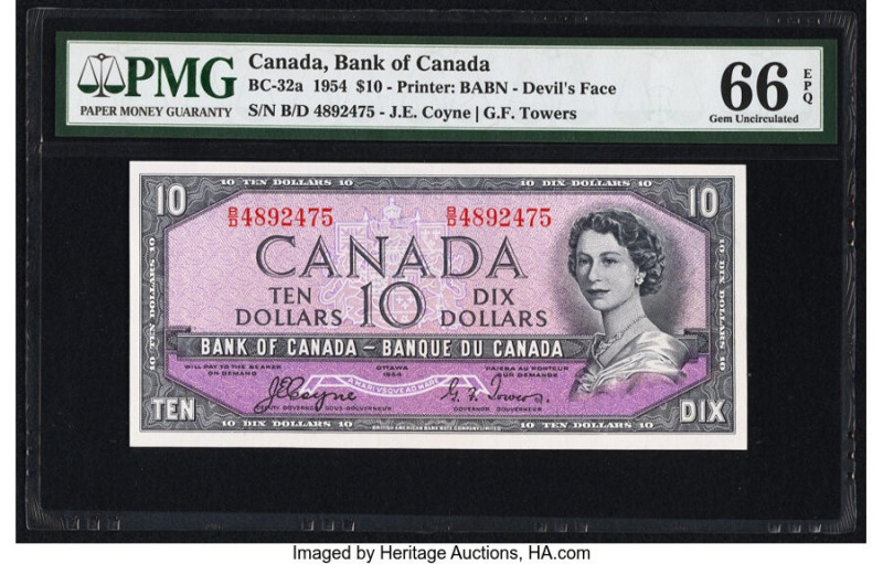 Canada Bank of Canada $10 1954 BC-32a "Devil's Face" PMG Gem Uncirculated 66 EPQ...