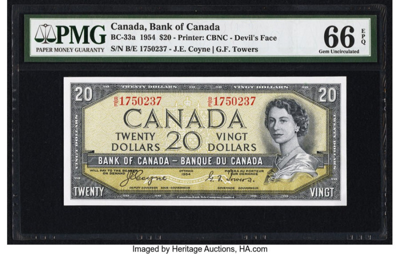 Canada Bank of Canada $20 1954 BC-33a "Devil's Face" PMG Gem Uncirculated 66 EPQ...