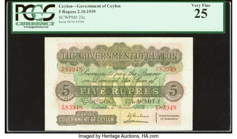 Ceylon Government of Ceylon 5 Rupees 2.10.1939 Pick 23c PCGS Very Fine 25. 

HID...