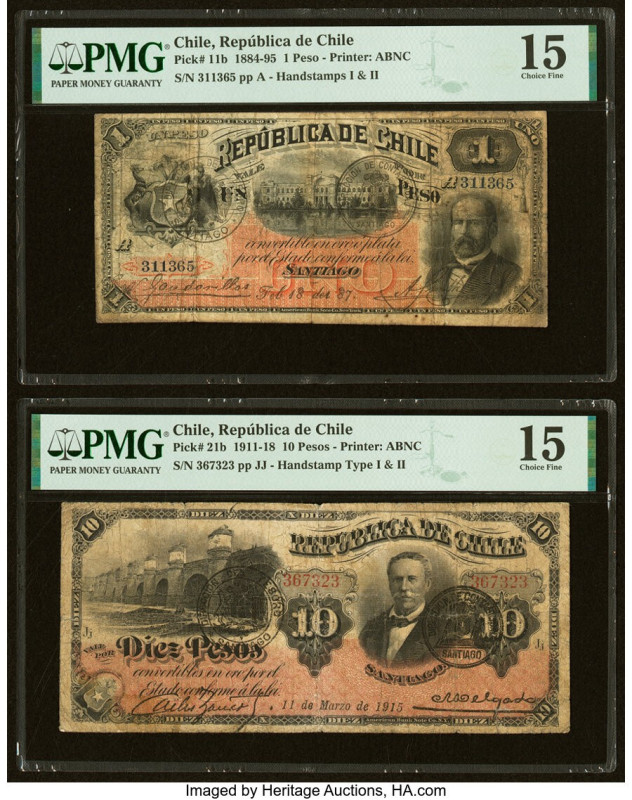 Chile Republica de Chile 1; 10 Pesos 18.2.1887; 11.3.1915 Pick 11b; 21b Two Exam...