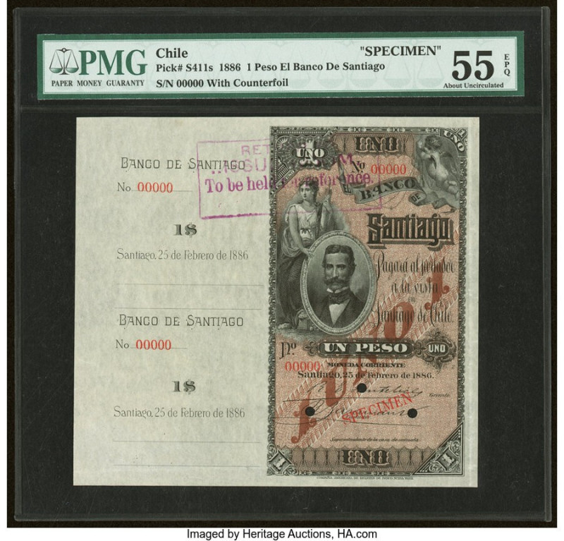 Chile Banco de Santiago 1 Peso 25.2.1886 Pick S411s Specimen PMG About Uncircula...