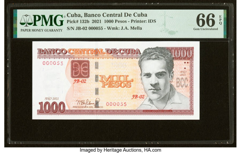 Low Serial Number 55 Cuba Banco Central de Cuba 1000 Pesos 2021 Pick 132b PMG Ge...