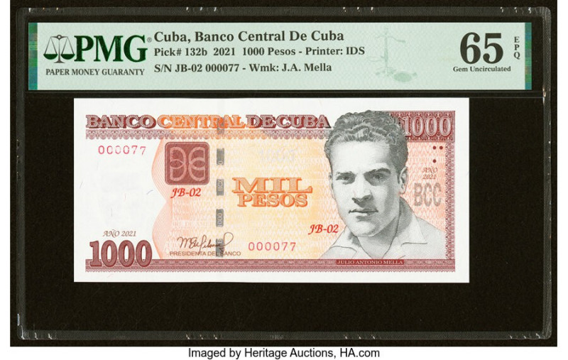 Low Serial Number 77 Cuba Banco Central de Cuba 1000 Pesos 2021 Pick 132b PMG Ge...