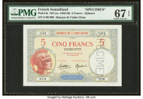 French Somaliland Banque de l'Indochine, Djibouti 5 Francs ND (1928-38) Pick 6s Specimen PMG Superb Gem Unc 67 EPQ. A perforated Specimen is noted. 

...