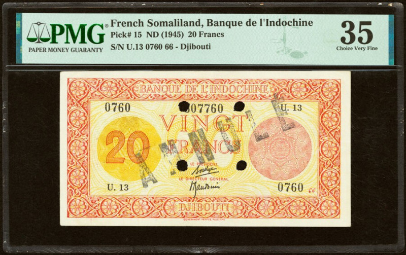 French Somaliland Banque de l'Indochine, Djibouti 20 Francs ND (1945) Pick 15 PM...