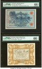 Germany Reichsbanknote; Imperial Bank Note 100; 50 Mark 7.2.1908; 30.11.1918 Pick 33a; 65 Two Examples PMG Gem Uncirculated 66 EPQ (2). 

HID098012420...