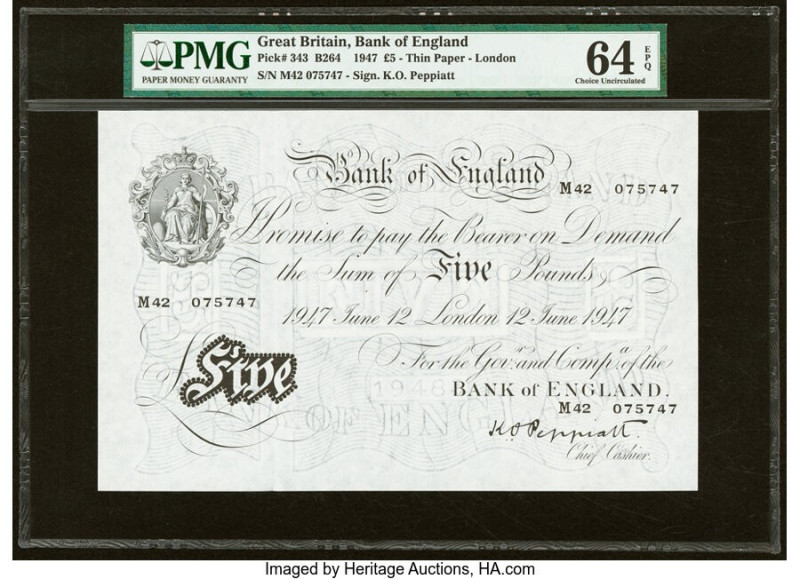 Great Britain Bank of England 5 Pounds 12.6.1947 Pick 343 PMG Choice Uncirculate...