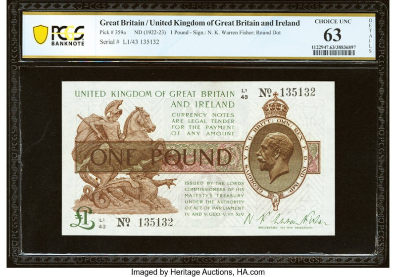 Great Britain Bank of England 1 Pound ND (1922-23) Pick 359a PCGS Banknote Choic...