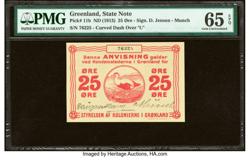 Greenland State Note 25 Ore ND (1913) Pick 11b PMG Gem Uncirculated 65 EPQ. 

HI...