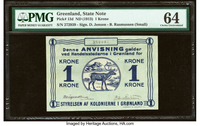 Greenland State Note 1 Krone ND (1913) Pick 13d PMG Choice Uncirculated 64. 

HI...