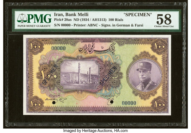 Iran Bank Melli 100 Rials ND (1934) Pick 28as Specimen PMG Choice About Unc 58. ...