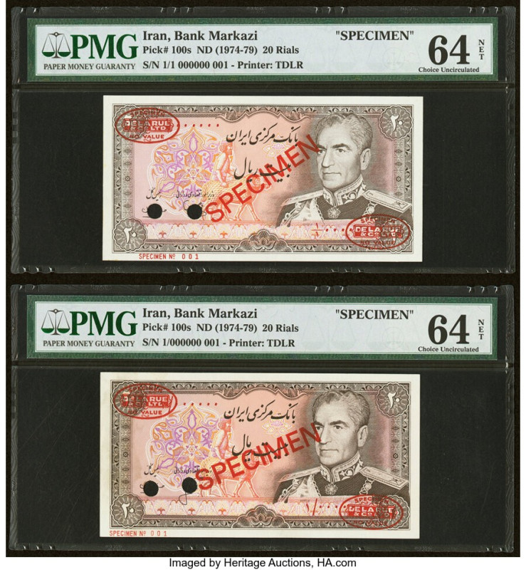 Iran Bank Markazi 20 Rials ND (1974-79) Pick 100s Two Specimen PMG Choice Uncirc...