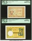 Madagascar Banque de Madagascar 5; 20 Francs ND (ca. 1937-47) Pick 35; 37 Two Examples PCGS Gem New 66PPQ (2). 

HID09801242017

© 2022 Heritage Aucti...