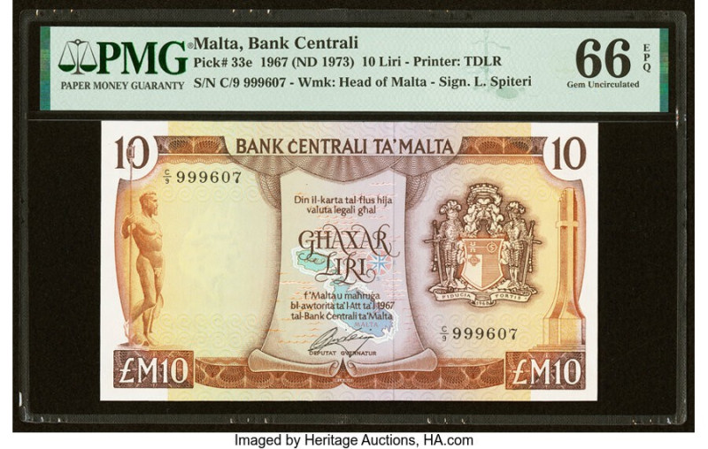 Malta Bank Centrali ta' Malta 10 Liri 1967 (ND 1973) Pick 33e PMG Gem Uncirculat...