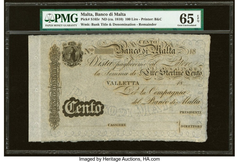 Malta Banco di Malta 100 Lire 18xx Pick S165r Remainder PMG Gem Uncirculated 65 ...