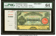 Portuguese Guinea Banco Nacional Ultramarino, Guine 1 Mil Reis 1.3.1909 Pick 1s Specimen PMG Choice Uncirculated 64. A perforated Cancelled, printer's...