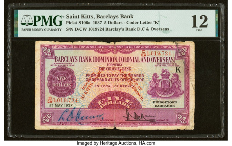 Saint Kitts Barclays Bank 5 Dollars 1.5.1937 Pick S106a PMG Fine 12. Sole graded...