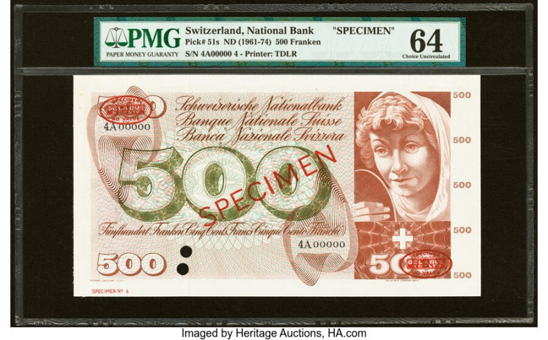 Switzerland National Bank 500 Franken ND (1961-74) Pick 51s Specimen PMG Choice ...