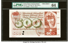 Switzerland National Bank 500 Franken ND (1961-74) Pick 51s Specimen PMG Choice Uncirculated 64. Previous mounting and two POCs are noted. 

HID098012...