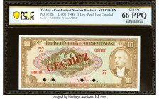 Turkey Central Bank 10 Lira 1930 (ND 1948) Pick 148s Specimen PCGS Banknote Gem UNC 66 PPQ. Four POCs are noted. 

HID09801242017

© 2022 Heritage Auc...