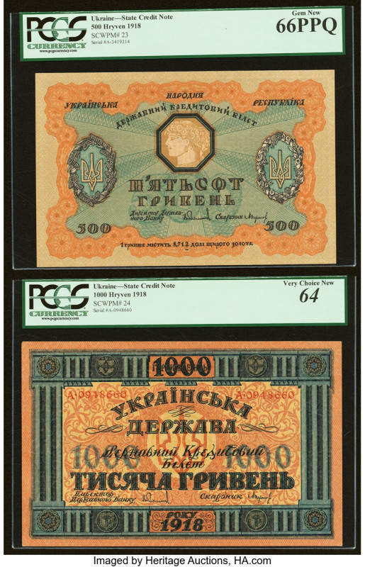 Ukraine State Credit Note 500; 1000 Hryven 1918 Pick 23; 24 Two Examples PCGS Ge...
