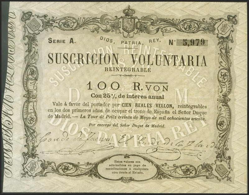 100 Reales de Vellón. 30 de Mayo de 1870. Emisión de Tour de Peilz. Serie A. (Ed...