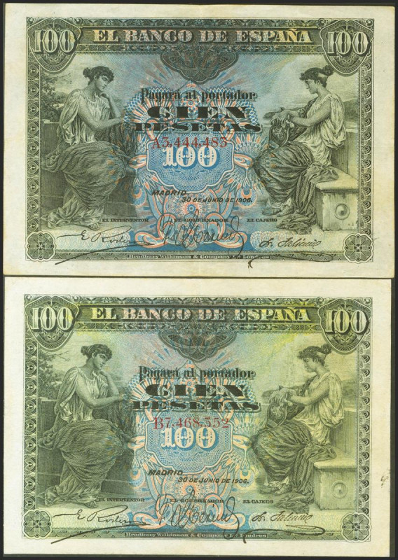 Conjunto de 2 billetes de 100 Pesetas emitidos el 30 de Junio de 1906, con las s...