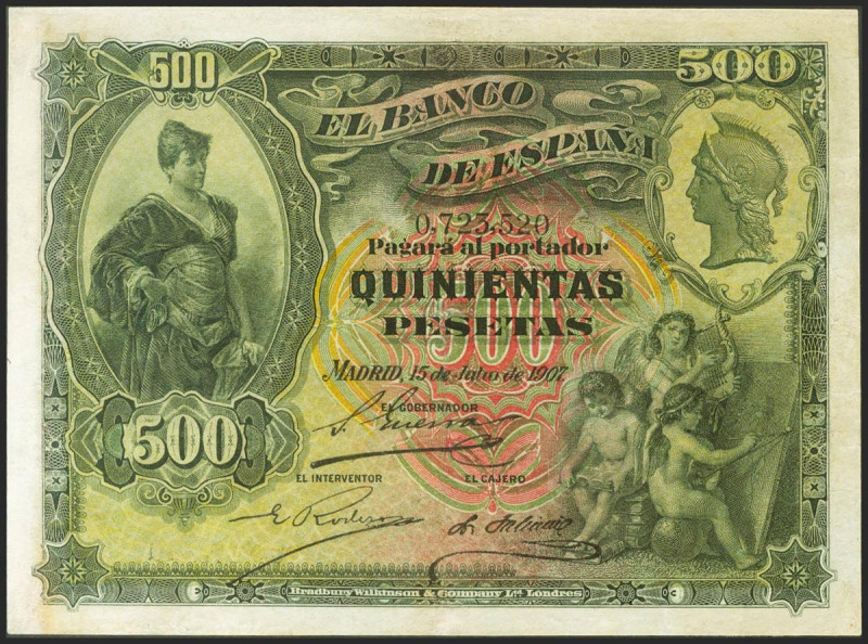 500 Pesetas. 15 de Julio de 1907. Sin serie. (Edifil 2021: 321). Inusual, repara...