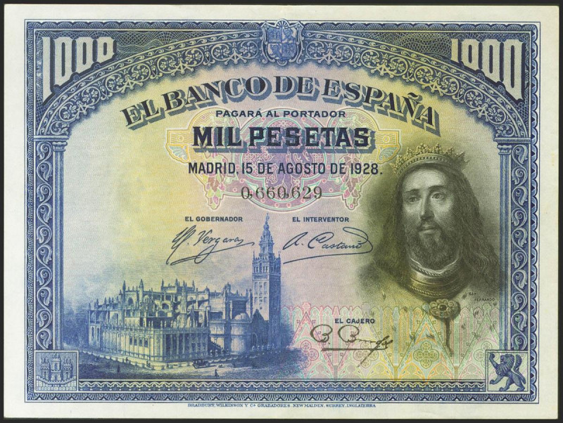 1000 Pesetas. 15 de Agosto de 1928. Sin serie. (Edifil 2021: 357). Conserva gran...