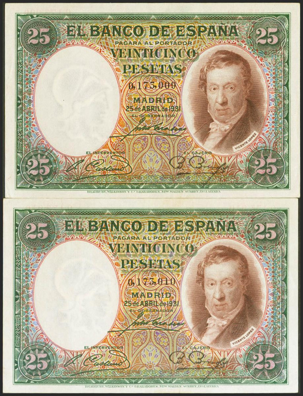 25 Pesetas. 25 de Abril de 1931. Pareja correlativa. Sin serie y numeración baja...