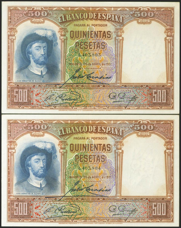 500 Pesetas. 25 de Abril de 1931. Pareja correlativa. Sin serie. (Edifil 2017: 3...