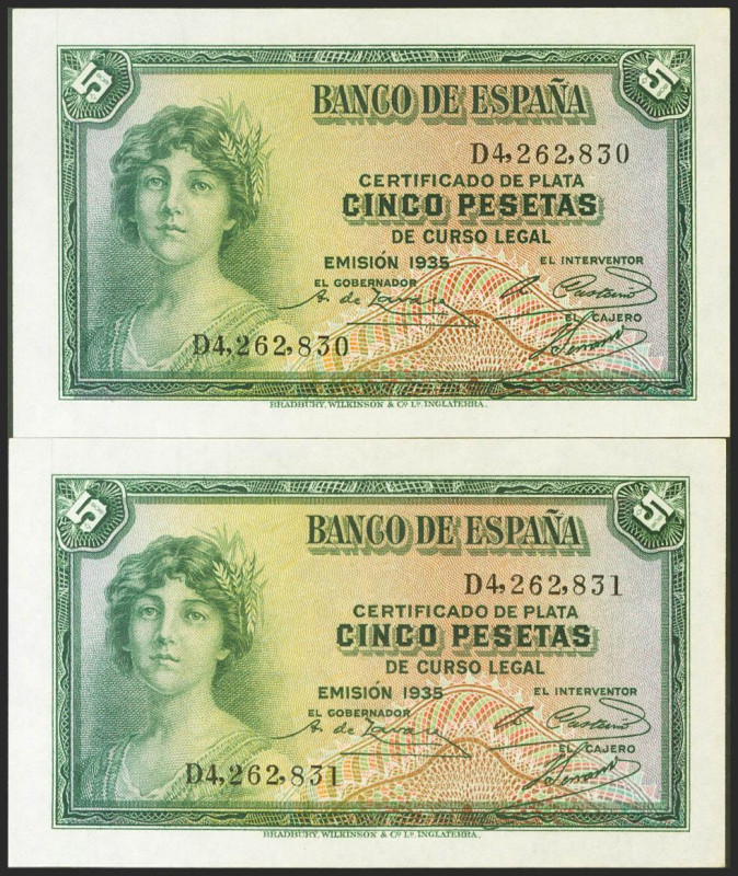 5 Pesetas. 1935. Pareja correlativa. Certificado de Plata. Serie D. (Edifil 2021...