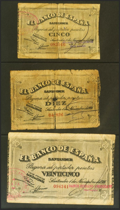Serie de 5 billetes del Banco de España de la sucursal de Santander correspondie...